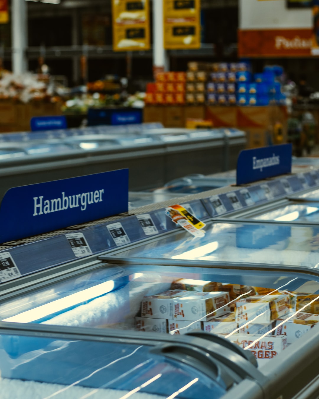 Hamburger freezer supermarket by Chocolate Brands blue and white labeled box