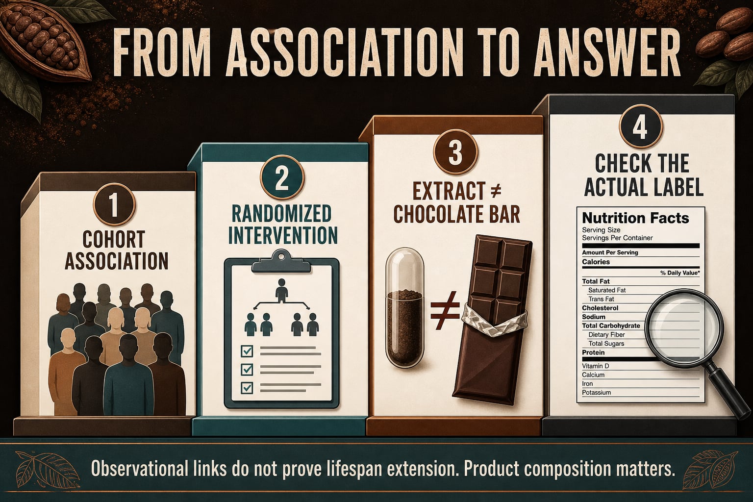 Four-step evidence ladder separating cohort associations, randomized interventions, cocoa extract, and retail chocolate labels