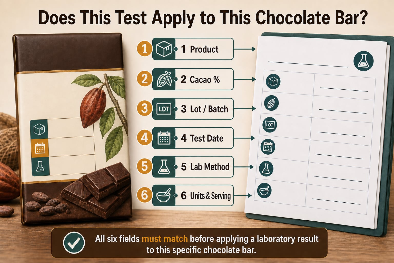 Six checks for matching a chocolate bar to a laboratory report: product, cacao percentage, lot or batch, test date, lab method, and units or serving