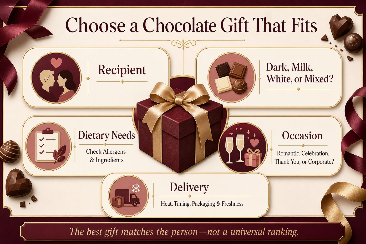 Four-part chocolate gift checklist covering recipient preferences, dietary needs, occasion, and delivery conditions