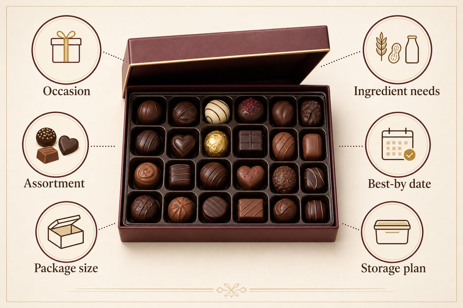 Chocolate gift assortment with checklist labels for occasion, assortment, package size, ingredient needs, best-by date, and storage plan