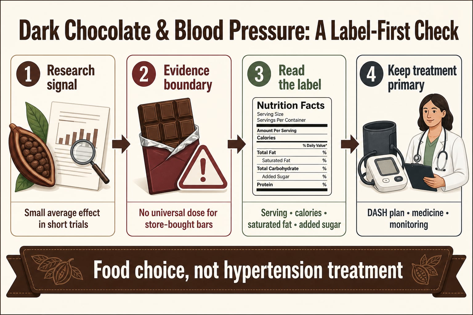 Four-step label-first decision guide for dark chocolate and blood pressure evidence