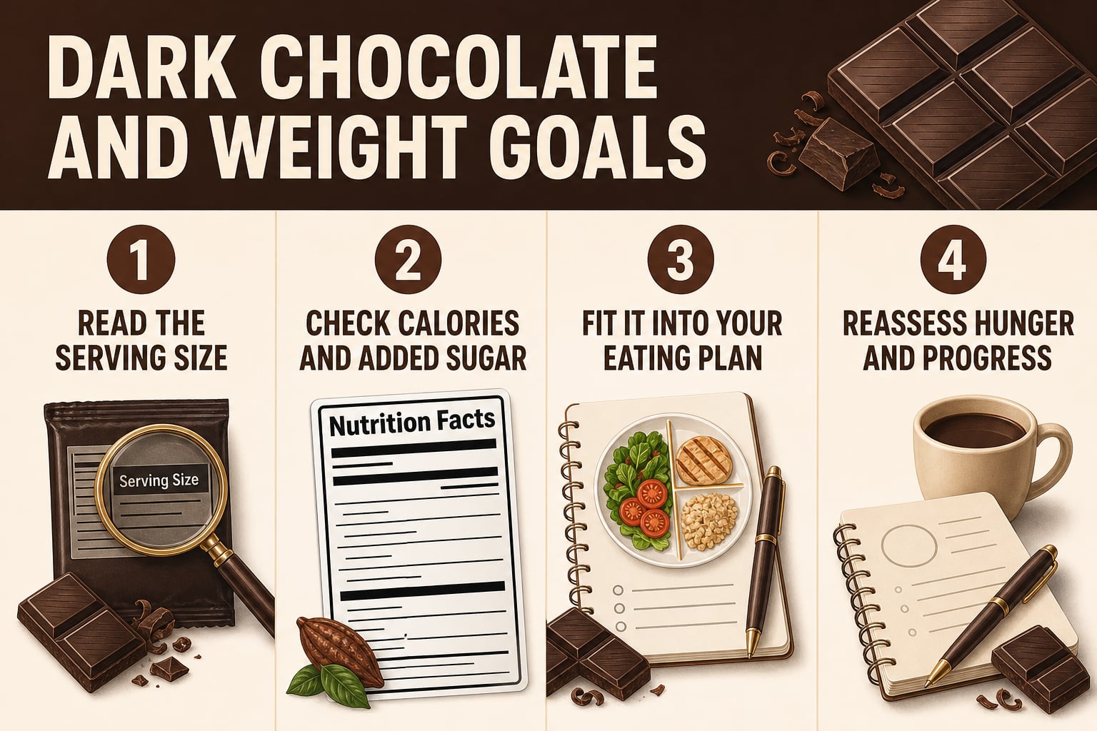 Four-step checklist for evaluating dark chocolate portions by serving size, calories, added sugar, eating plan, hunger, and progress