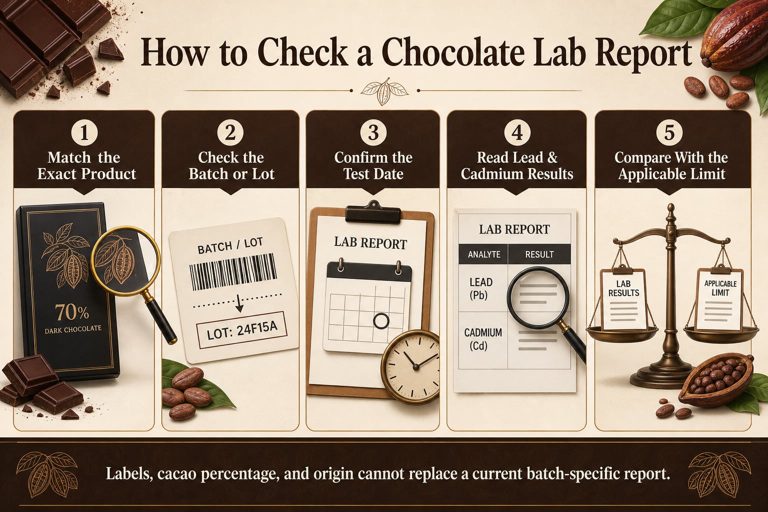 Five-step checklist for matching a chocolate laboratory report to the exact product, batch, test date, lead and cadmium results, and applicable limit