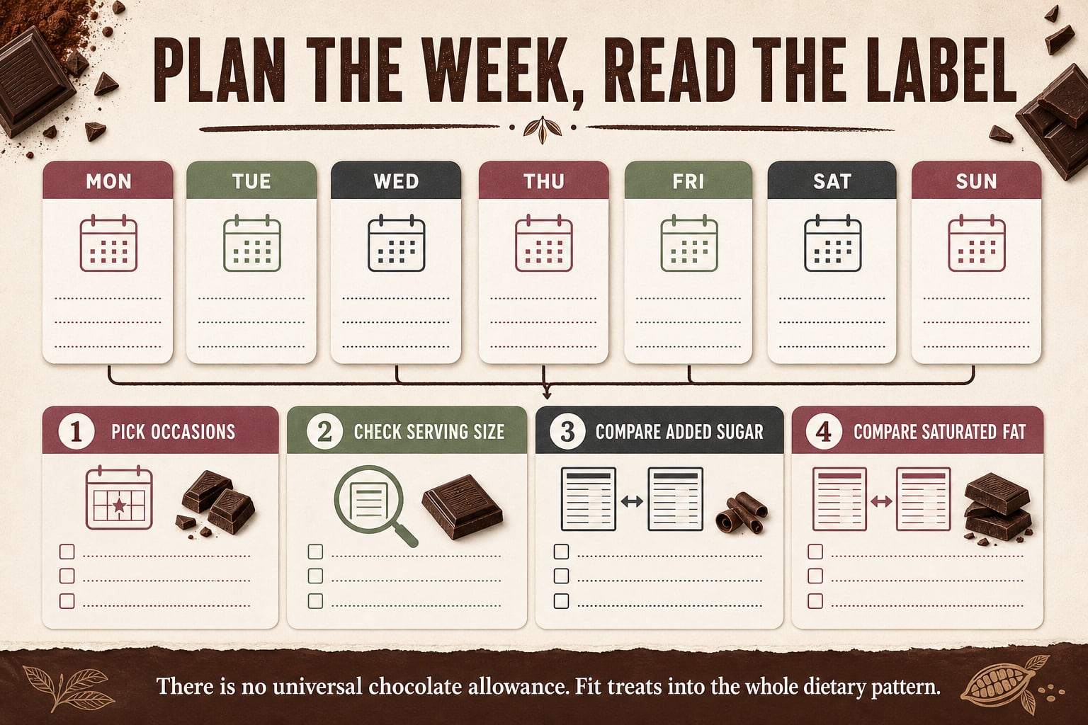 Seven-day chocolate occasion planner with checks for serving size, added sugar, and saturated fat